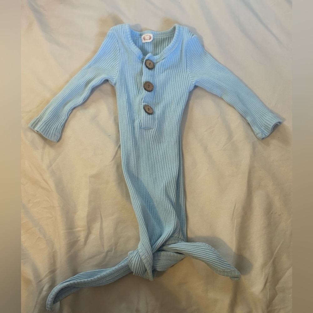 Blue Newborn Ribbed Knot Gown | Wooden Buttons | Super Soft & Stretchy | 0–3M